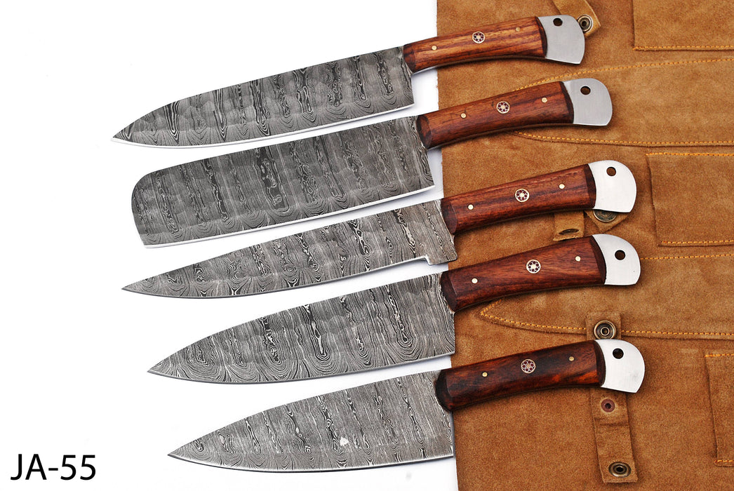 (AW-55) Custom 5-Piece Damascus Steel Kitchen Knife Set – Rich Rosewood Handles with Suede Leather Roll Bag