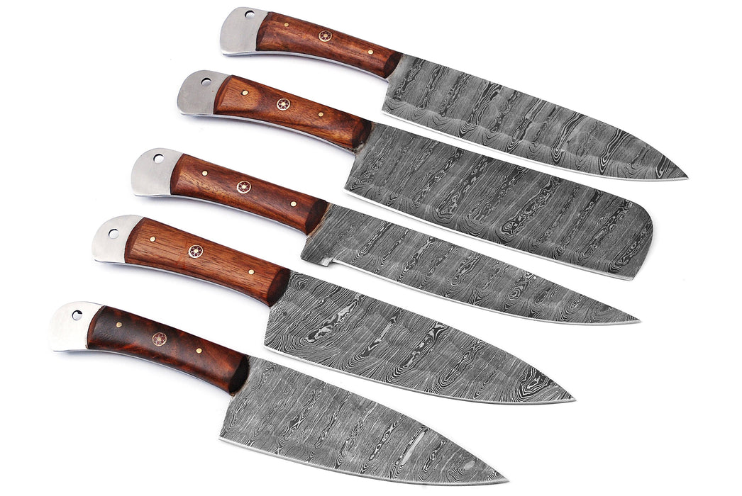 (AW-55) Custom 5-Piece Damascus Steel Kitchen Knife Set – Rich Rosewood Handles with Suede Leather Roll Bag