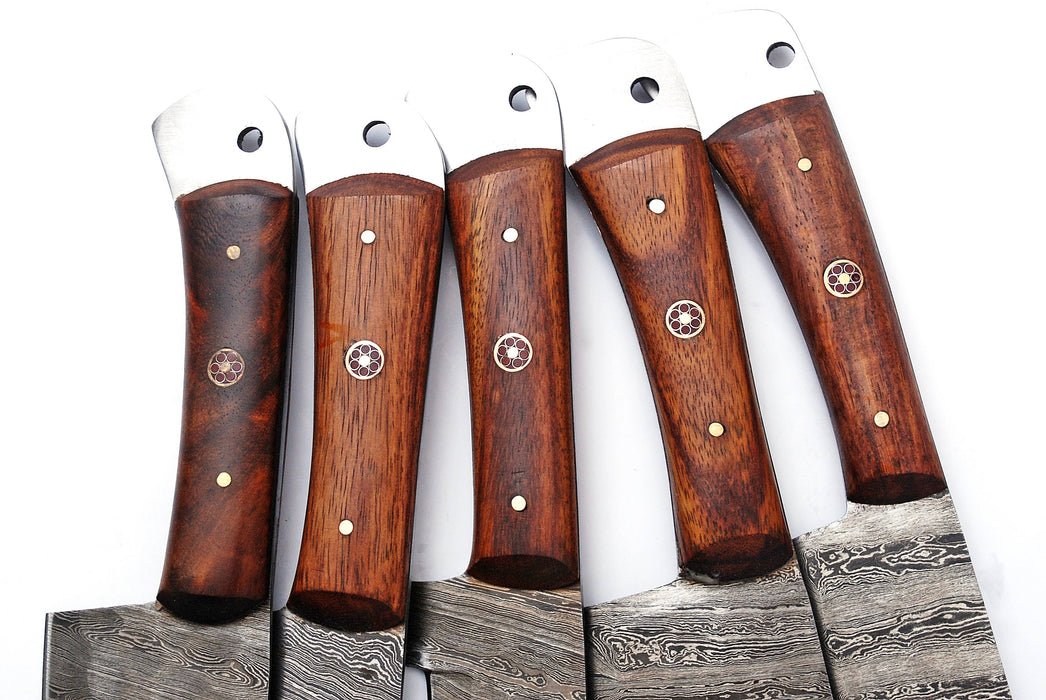 (AW-55) Custom 5-Piece Damascus Steel Kitchen Knife Set – Rich Rosewood Handles with Suede Leather Roll Bag
