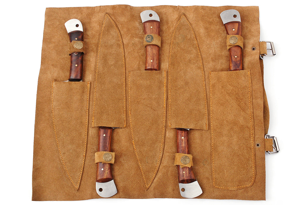 (AW-55) Custom 5-Piece Damascus Steel Kitchen Knife Set – Rich Rosewood Handles with Suede Leather Roll Bag